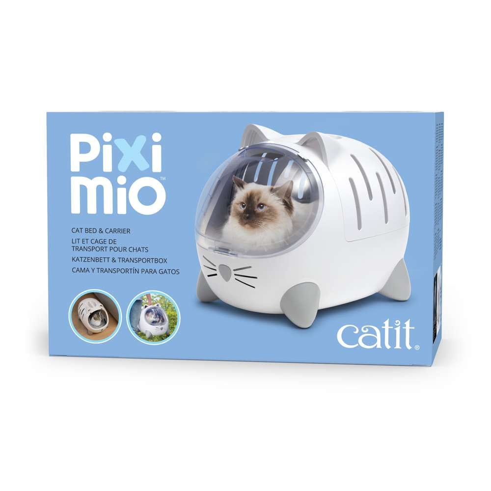 Verpackung von Catit PIXI Mio Katzenbett und Transportbox mit Katze darin und kleinen Bildern.