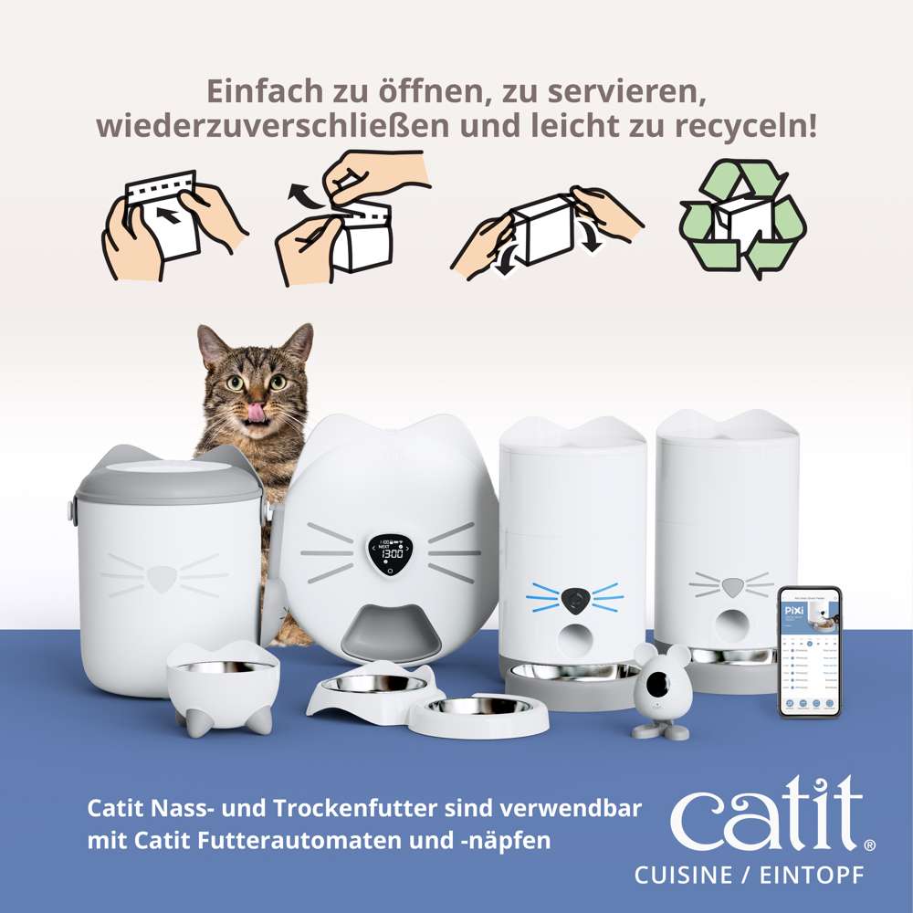 Einfach zu öffnen, zu servieren, wiederzuverschließen und leicht zu recyceln! Catit Nass- und Trockenfutter sind verwendbar mit Catit Futterautomaten und -näpfen