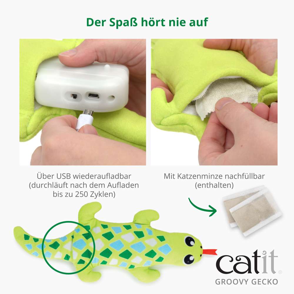 Über USB wiederaufladbar. Durchläut nach dem Aufladen bis zu 250 Zyklen. MIt Katzenminze nachfüllbar.