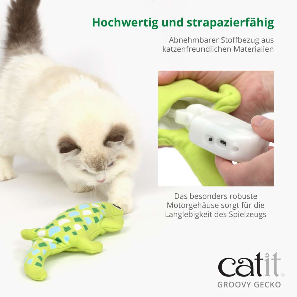 Abnehmbarer Stoffbezug aus katzenfreundlichen Materialien. Das besonders robuste Motorgehäuse sorgt für die Langlebigkeit des Spielzeugs.