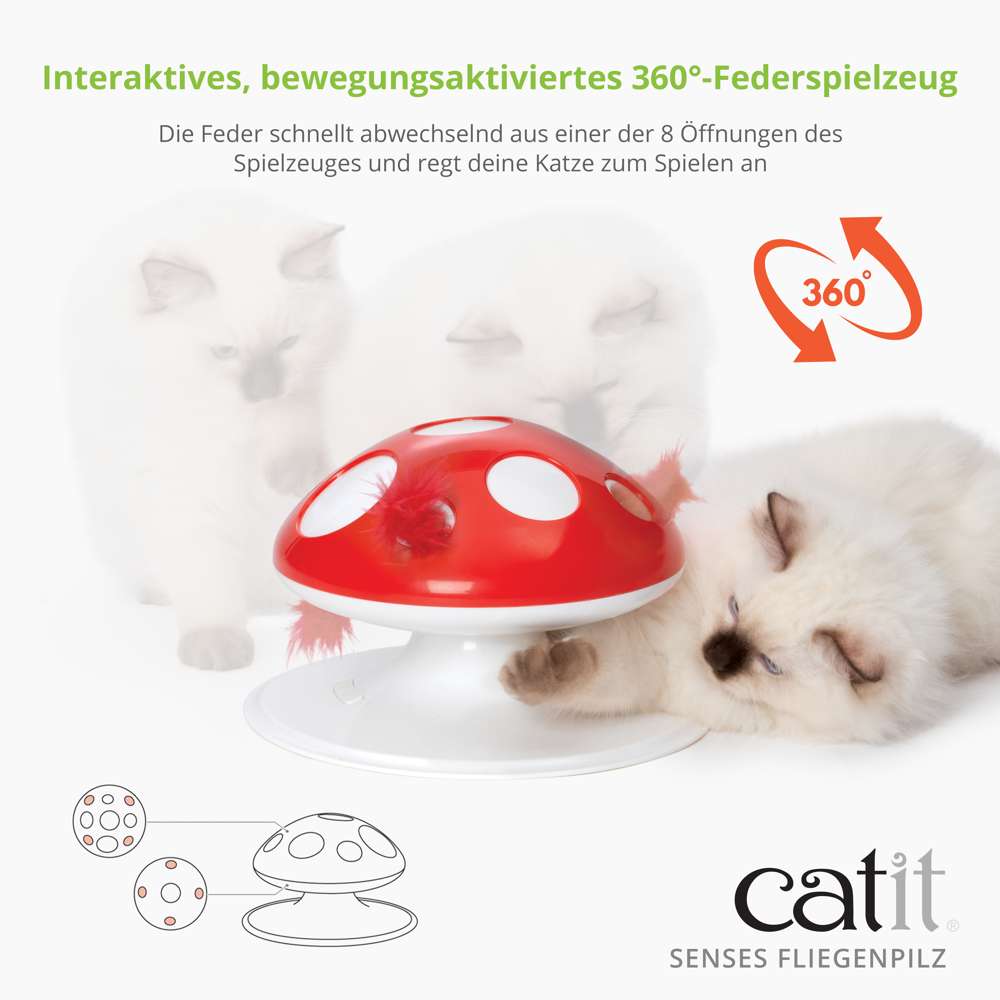 Interaktives, bewegungsaktiviertes 360°-Federspielzeug. Die Feder schnellt abwechselnd aus einer der 8 Öffnungen des Spielzeuges und regt deine Katze zum Spielen an.
