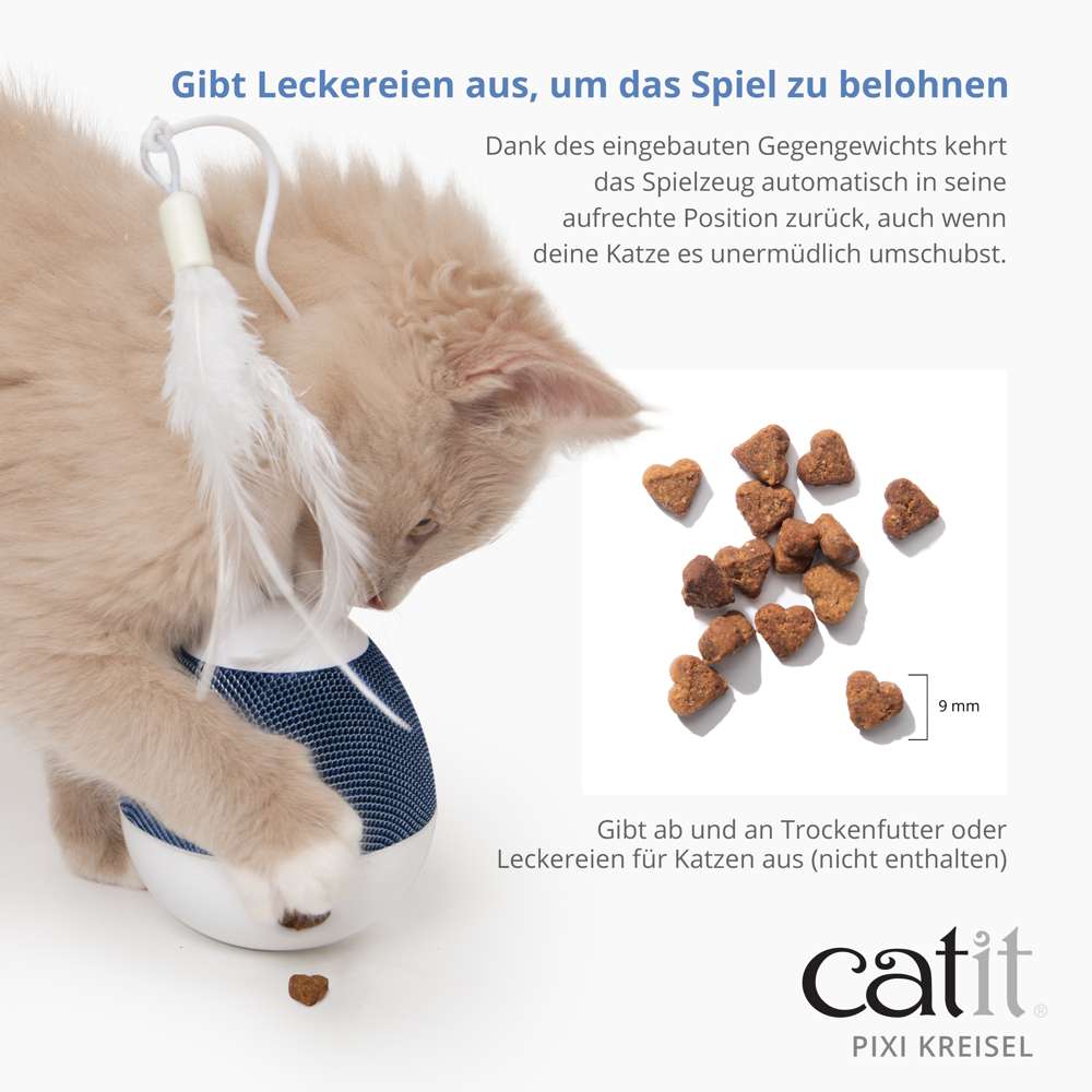 Dank des eingebauten Gegengewichts kehrt das Spielzeug automatisch in seine aufrechte Position zurück, auch wenn deine Katze es unermüdlich umschubst. Gibt ab und an Trockenfutter für Katzen aus (nicht im Lieferumfang enthalten).