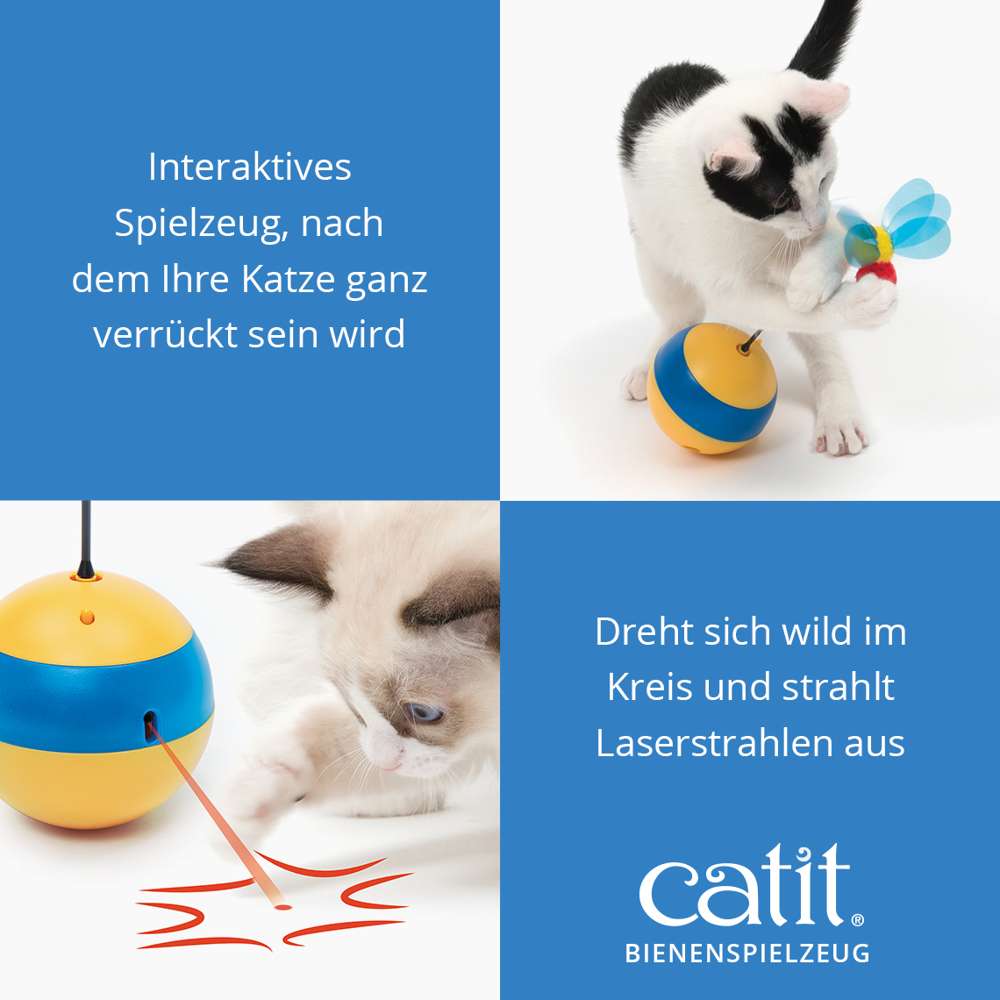 Interaktives Spielzeug, nach dem Ihre Katze ganz verrückt sein wird, zwei Katzen spielen damit. Dreht sich wild im Kreis und strahlt Laserstrahlen aus, Katze jagt Laser.