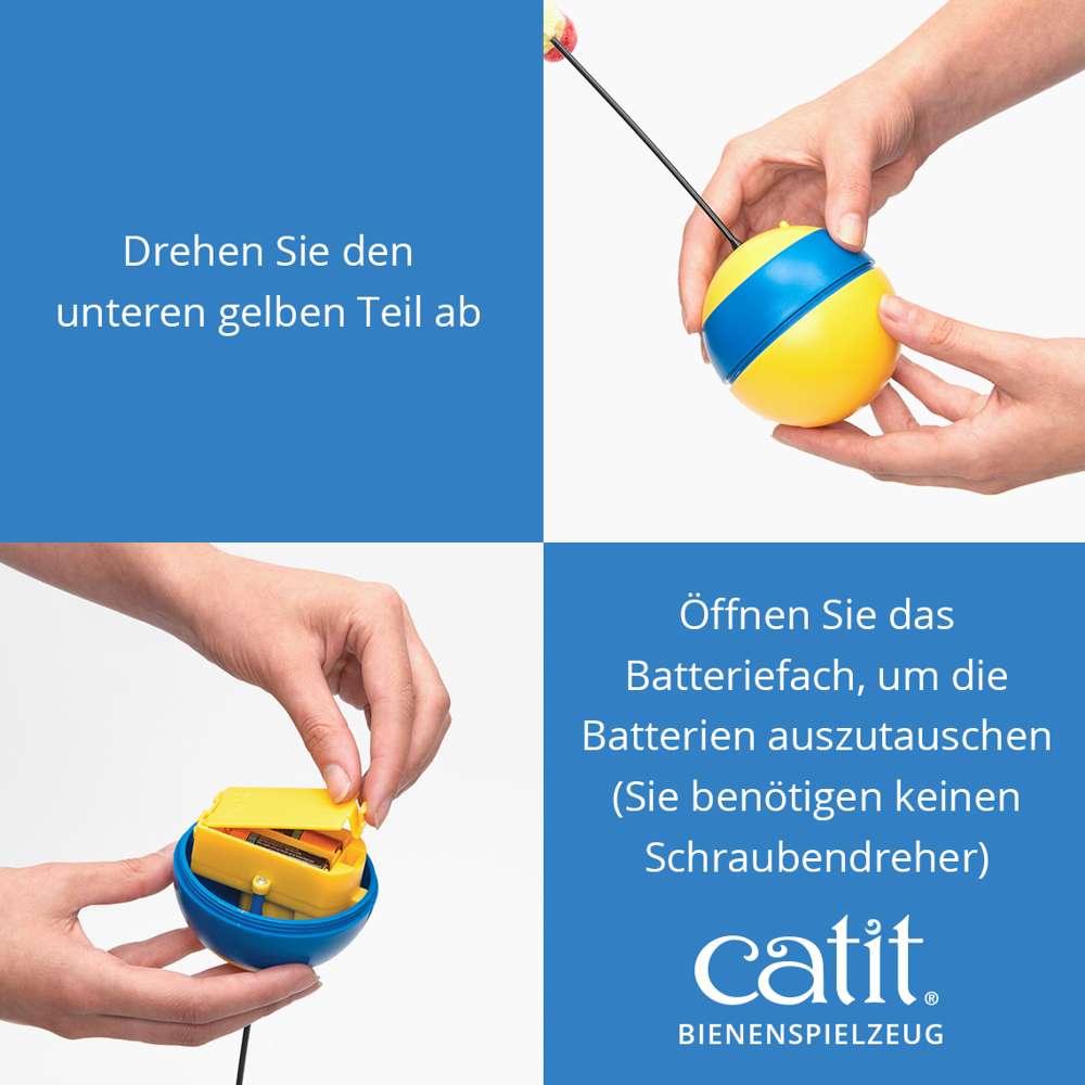 Drehen Sie den unteren gelben Teil ab. Öffnen Sie das Battewriefach, um die Batterien auszutauschen (Sie benötigen keinen Schraubendreher)