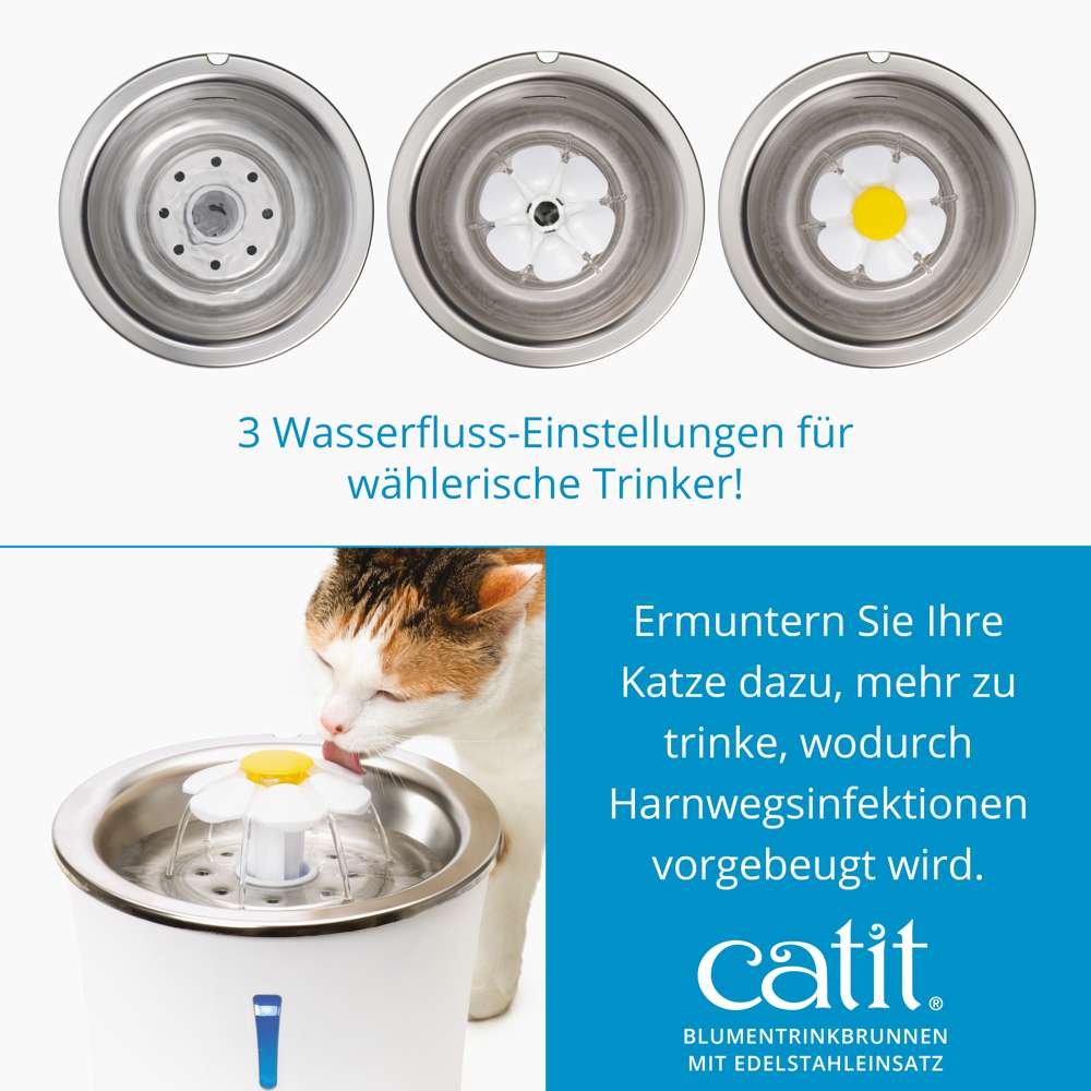 3 Wasserfluss-Einstellungen für wählerische Trinker! Ermuntern Sie Ihre Katze dazu, mehr zu trinken, wodurch Harnwegsinfektionen vorgebeugt wird.