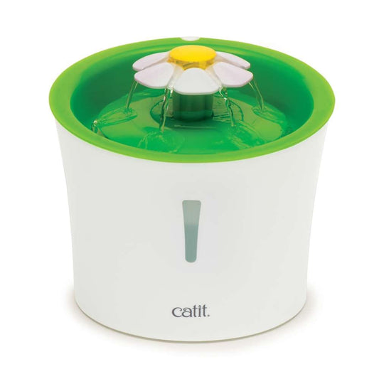 Ausgepackter "Catit Blumentrinkbrunnen" mit fließendem Wasser.