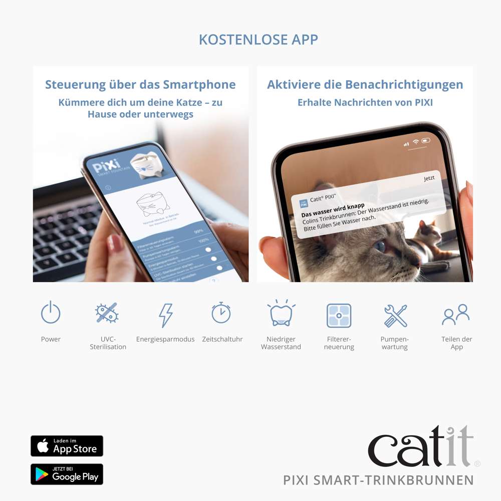 Kostenlose App. Steuerung über das Smartphone. Aktiviere die Benachrichtigungen, um Nachrichten von PIXI zu erhalten.