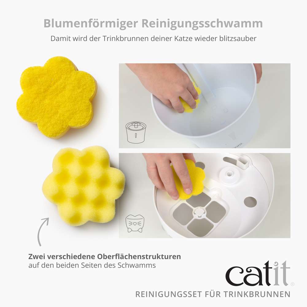 Blumenförmiger Reinigungsschwamm mit zwei verschiedenen Oberflächenstrukturen.