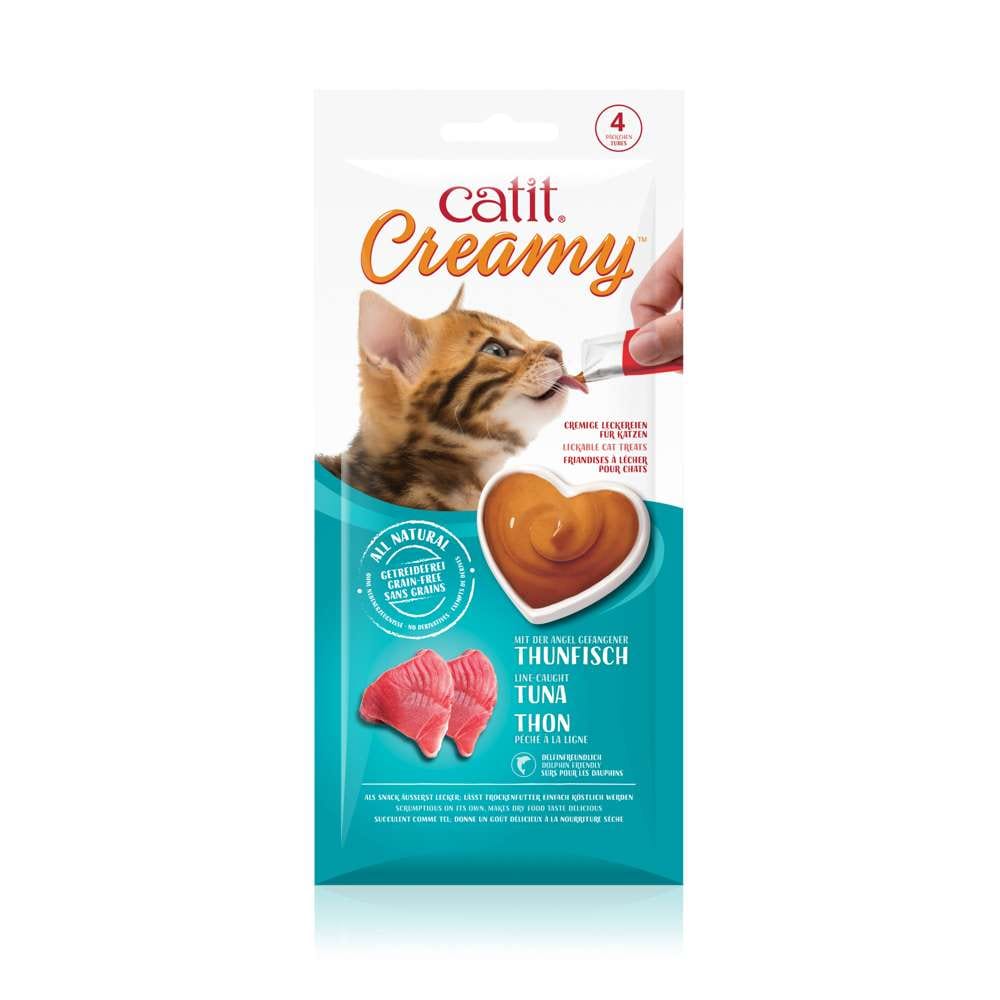 Verpackung von "Catit Creamy, 4er-Pack" mit Geschmacksrichtung "Thunfisch"