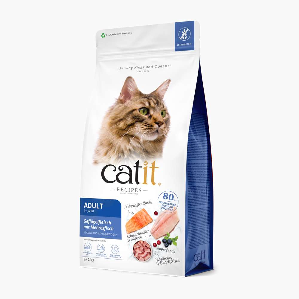 Verpackung des Trockenfutters für Katzen "Catit Recipes – ADULT Geflügelfleisch mit Meeresfisch", 2 kg.