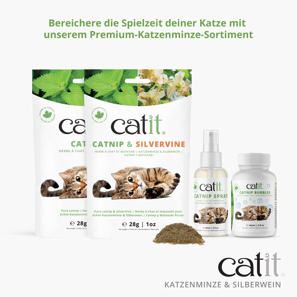 Mehrere Verpackungen von "Catit Mischung aus Katzenminze & Silberwein" stehen nebeneinander.