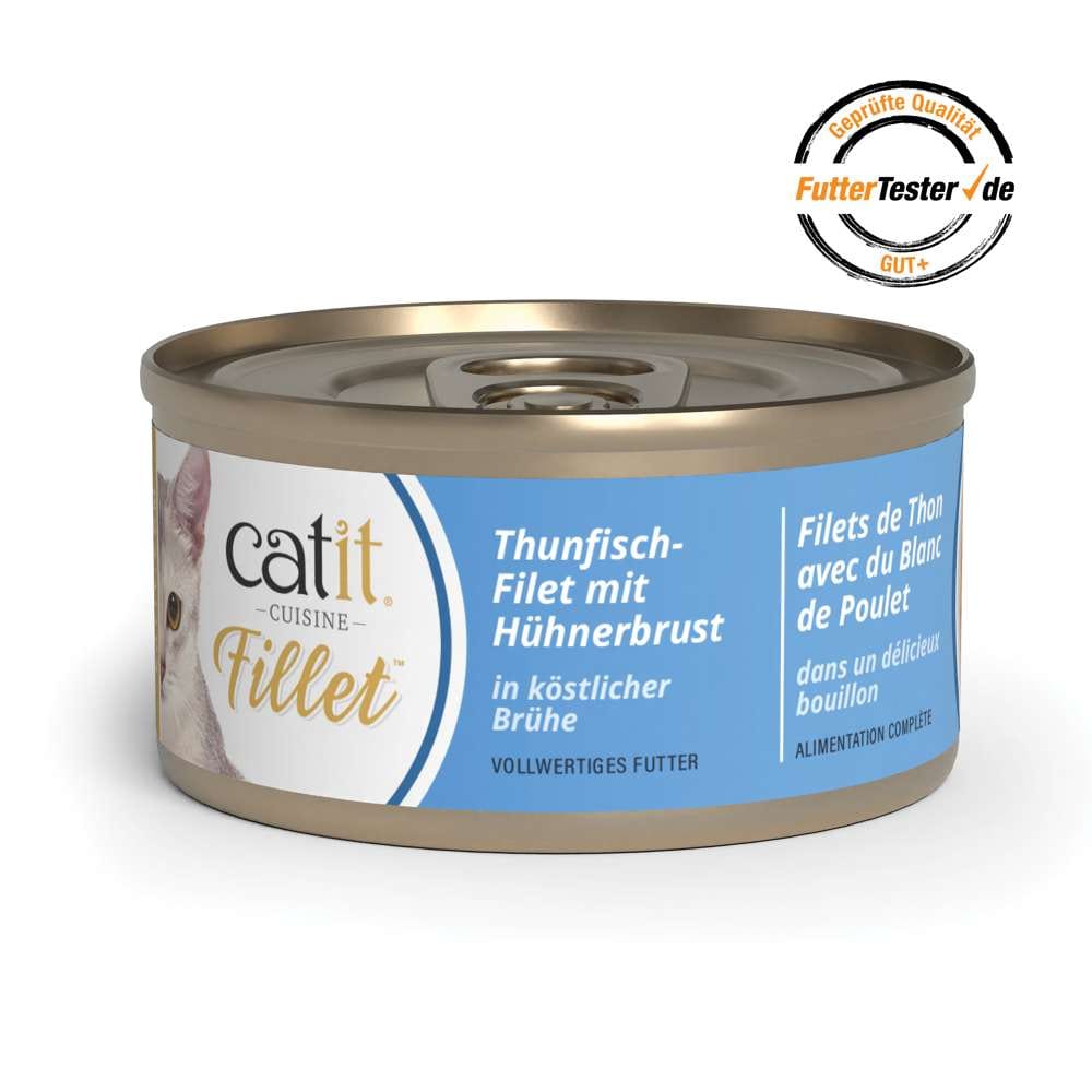 Verpackungsbild von Catit Cuisine Fillet Thunfisch-Filet mit Huhn in köstlicher Brühe. Qualität gemäß futtertester.de: GUT