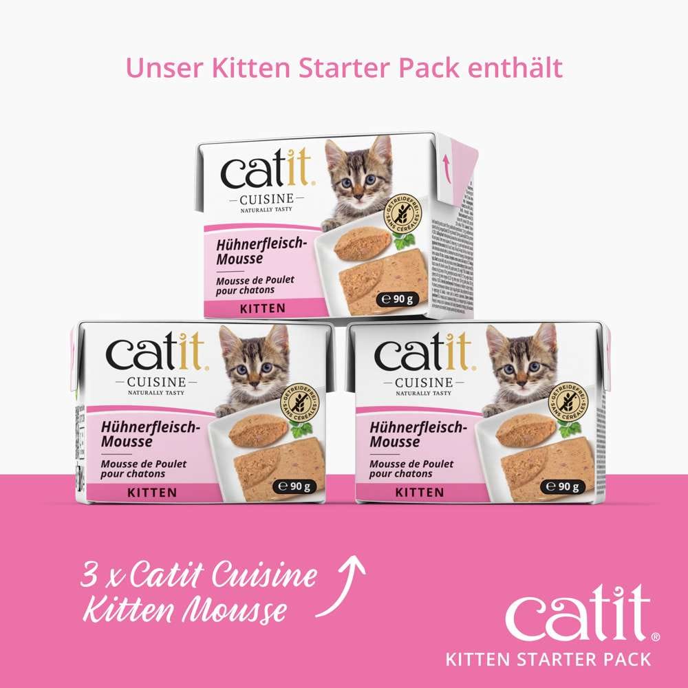 Unsere Kitten Starter Box enhält unter anderem drei Stück des Nassfutters  Catit Cuisine Kitten Mousse mit je 90 g.