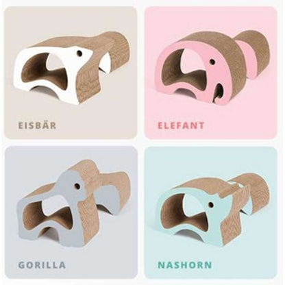 Die vier Kratzbretter Eisbär, Elefant, Gorilla und Nashorn stehen nebeneinander.