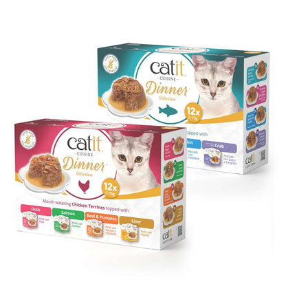 Verpackungen der beiden "Catit Cuisine Dinner" Huhn und Fisch. 12x 75 g.