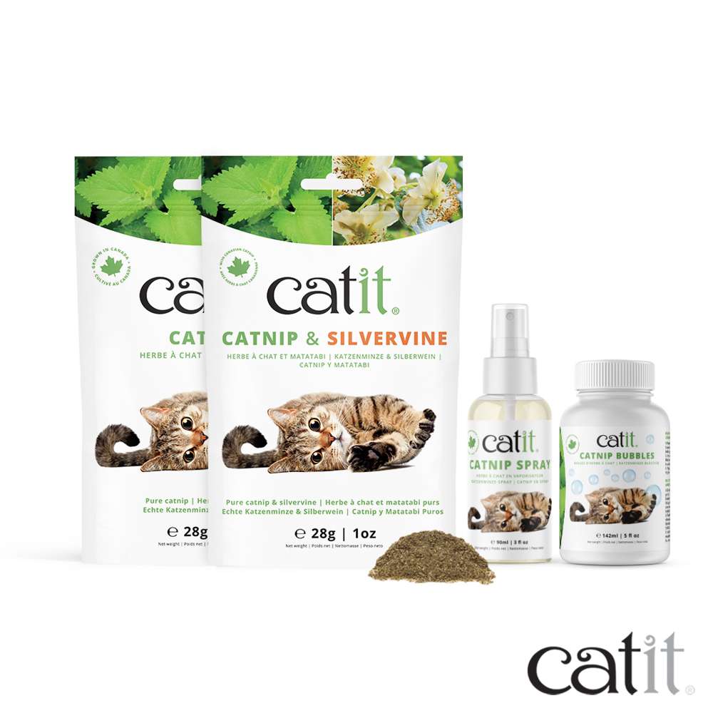 Mehrere Verpackungen der "Catit Katzenminze-Bläschen" stehen nebeneinander.