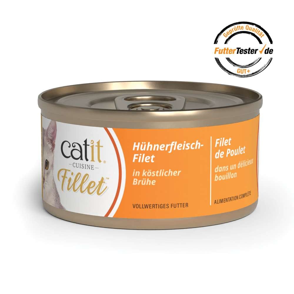 Eine Dose Katzenfutter Catit Cuisine Fillet mit Huhn in köstlicher Brühe. Geprüfte Qualität gemäß futtertester.de: GUT+
