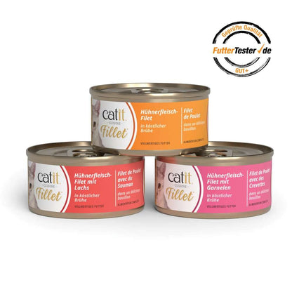 Drei Dosen Katzenfutter der Marke Catit Cuisine Fillet. Geprüfte Qualität gemäß futtertester.de: GUT+