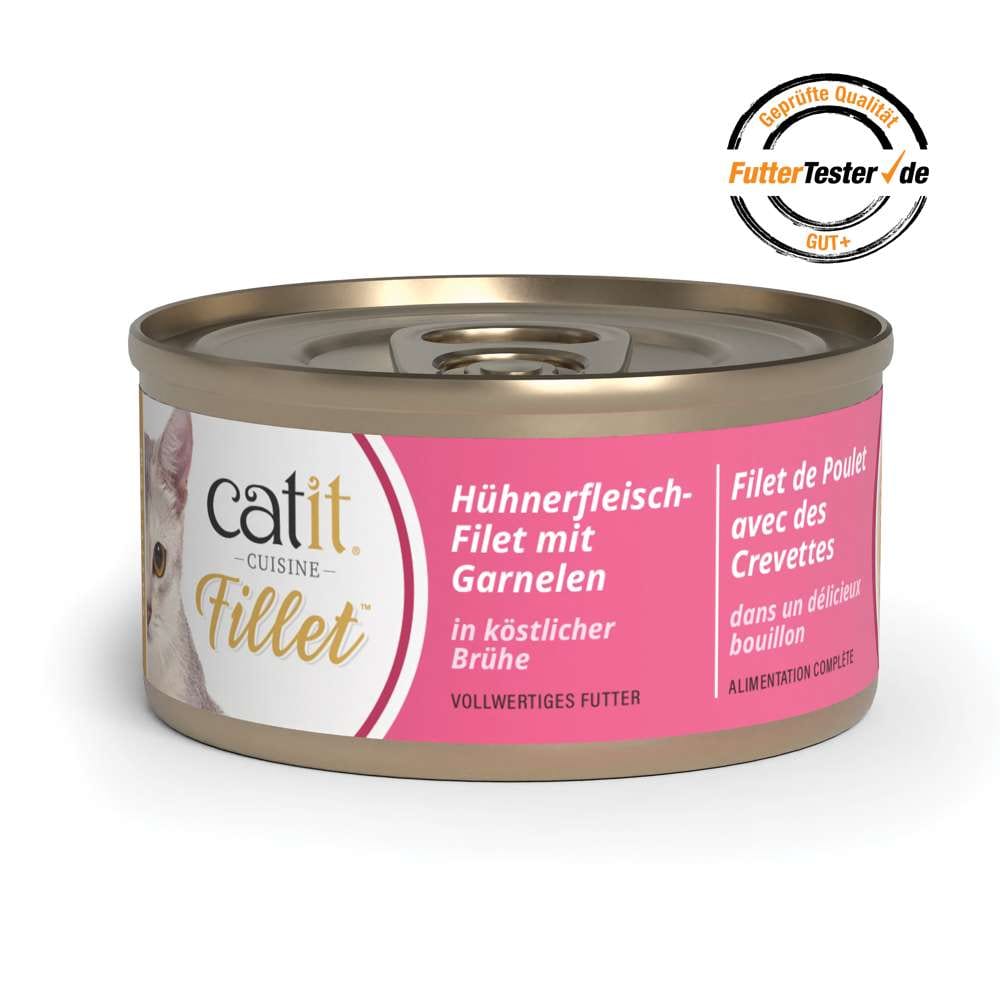 Eine Dose Katzenfutter Catit Cuisine Fillet mit Huhn und Garnelen in köstlicher Brühe. Geprüfte Qualität gemäß futtertester.de: GUT+