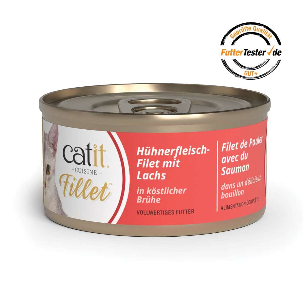 Eine Dose Katzenfutter Catit Cuisine Fillet mit Huhn und Lachs in köstlicher Brühe. Geprüfte Qualität gemäß futtertester.de: GUT+
