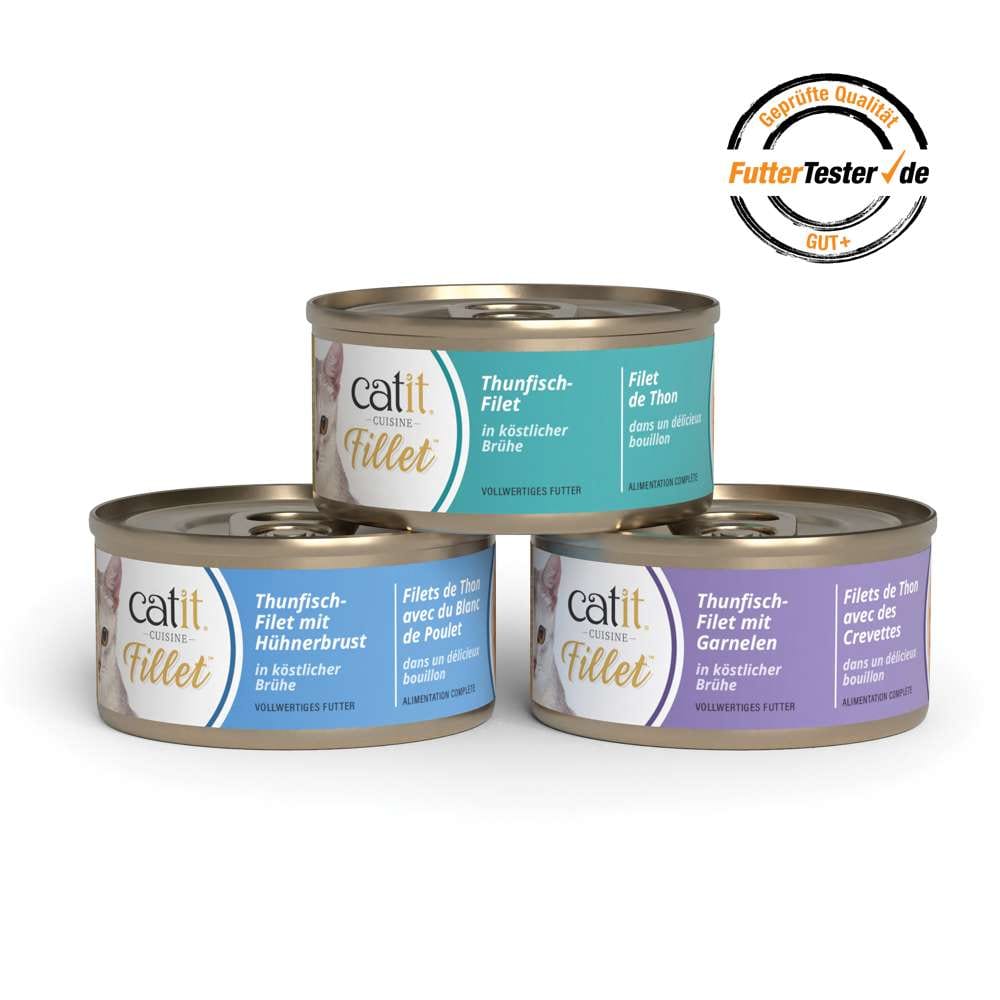 Verpackungen von 3 Sorten Catit Cuisine Fillet. Geprüfte Qualität gemäß futtertester.de: GUT