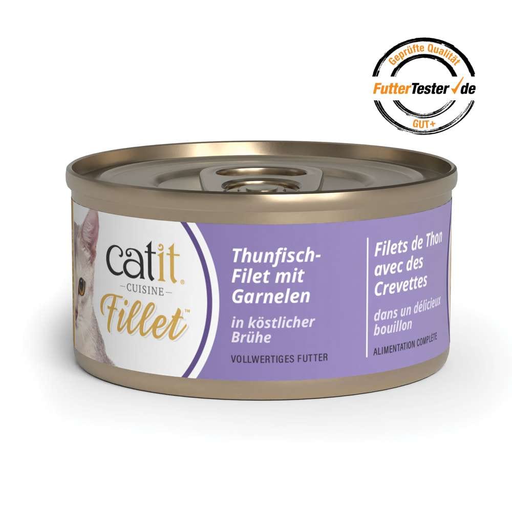 Verpackungsbild von Catit Cuisine Fillet Thunfisch-Filet mit Garnelen in köstlicher Brühe. Qualität gemäß futtertester.de: GUT