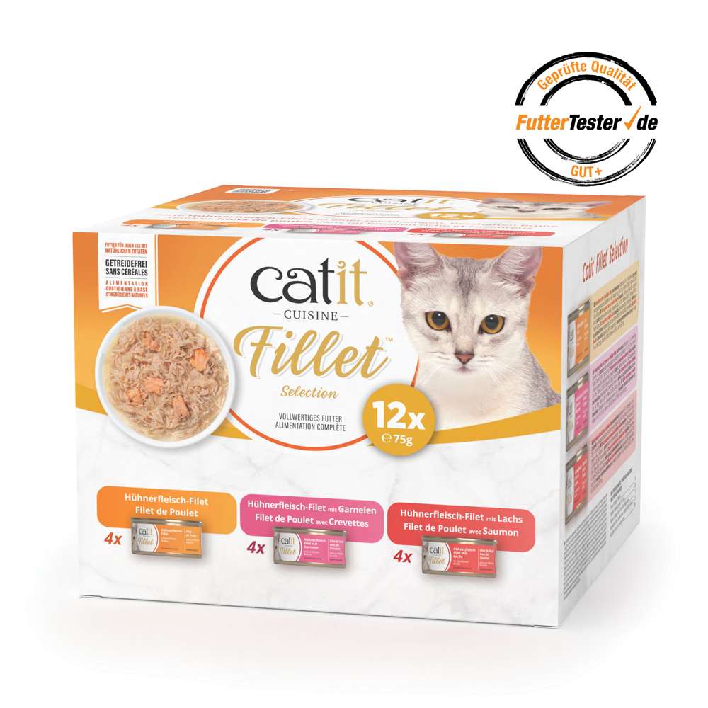 Verpackung des 12er-Packs vom Catit Cuisine Fillet, Huhn. Geprüfte Qualität von futtertester.de: GUT+