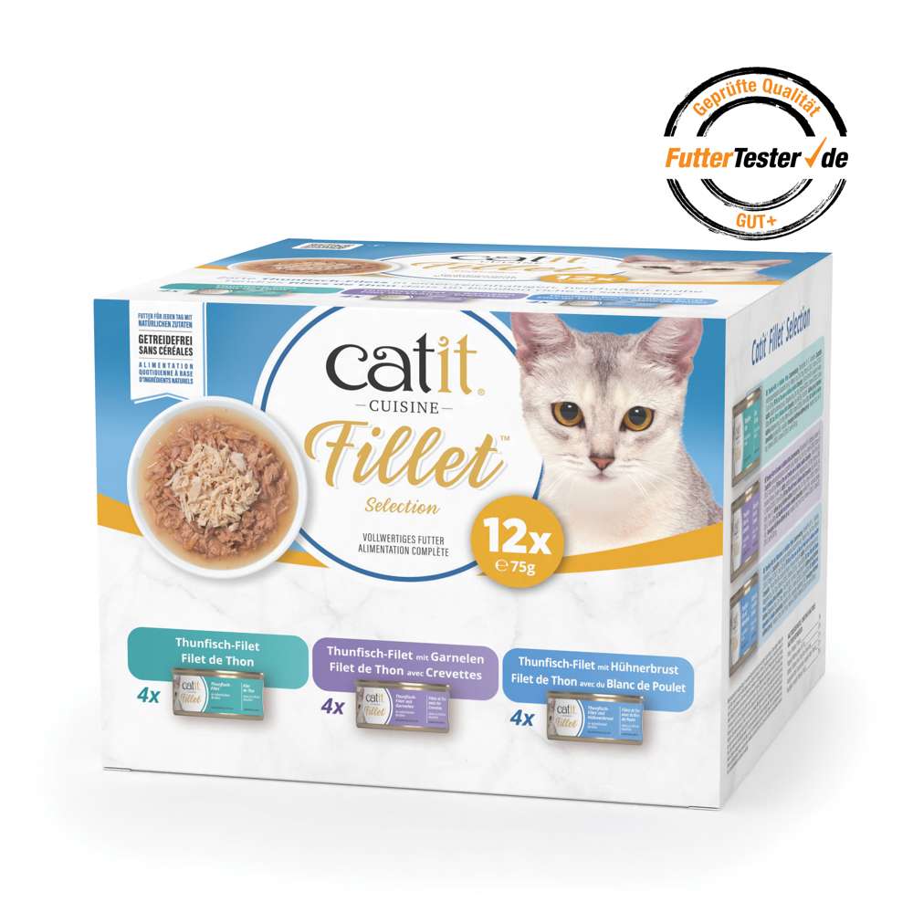 Verpackung des 12er-Packs vom Catit Cuisine Fillet, Thunfisch. Geprüfte Qualität von futtertester.de: GUT+